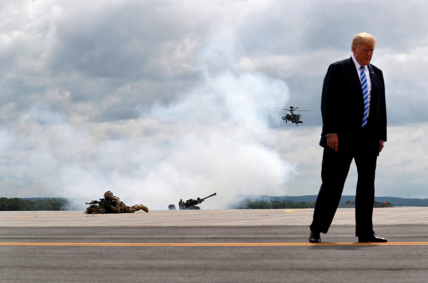 El dirigente acude a un ensayo de las tropas de la Décima División de Montaña del Ejército de EE.UU. en Fort Drum, en Nueva York, el 13 de agosto de 2018.. 