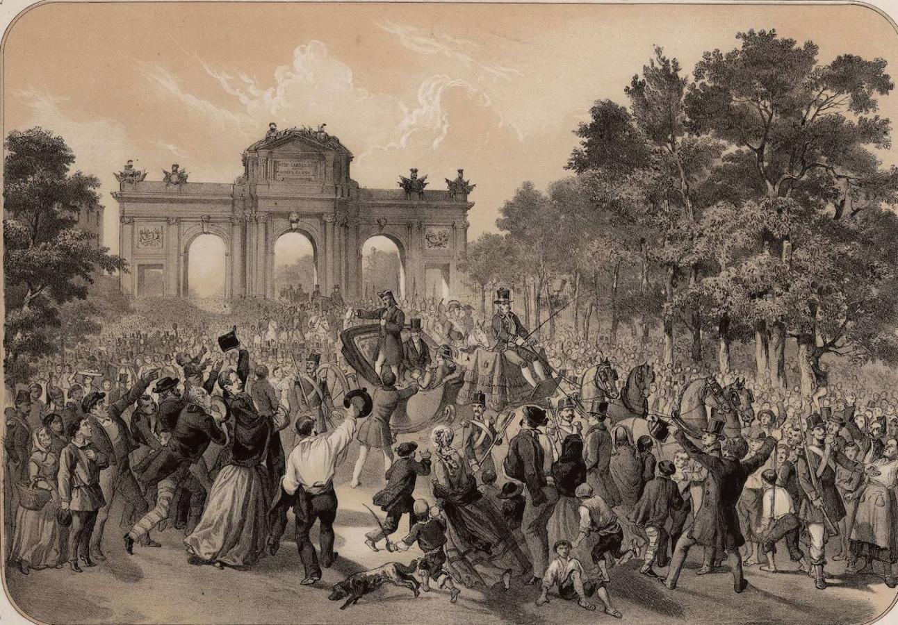 Entrada de Baldomero Espartero en Madrid el 29 de julio de 1854. Dibujo de Vicente Urrabieta.. 