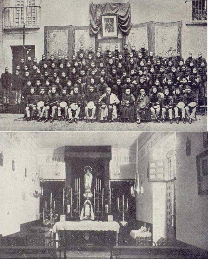 Miembros de la Real Congregación Militar en el patio de la Casa de Infantas y la capilla situada en la primera planta del mismo edificio. El Castellano Gráfico (22/01/1925). 