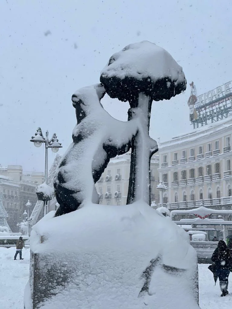 El oso y el madroño de la Puerta del Sol de Madrid, completamente cubierto por la nieve. 