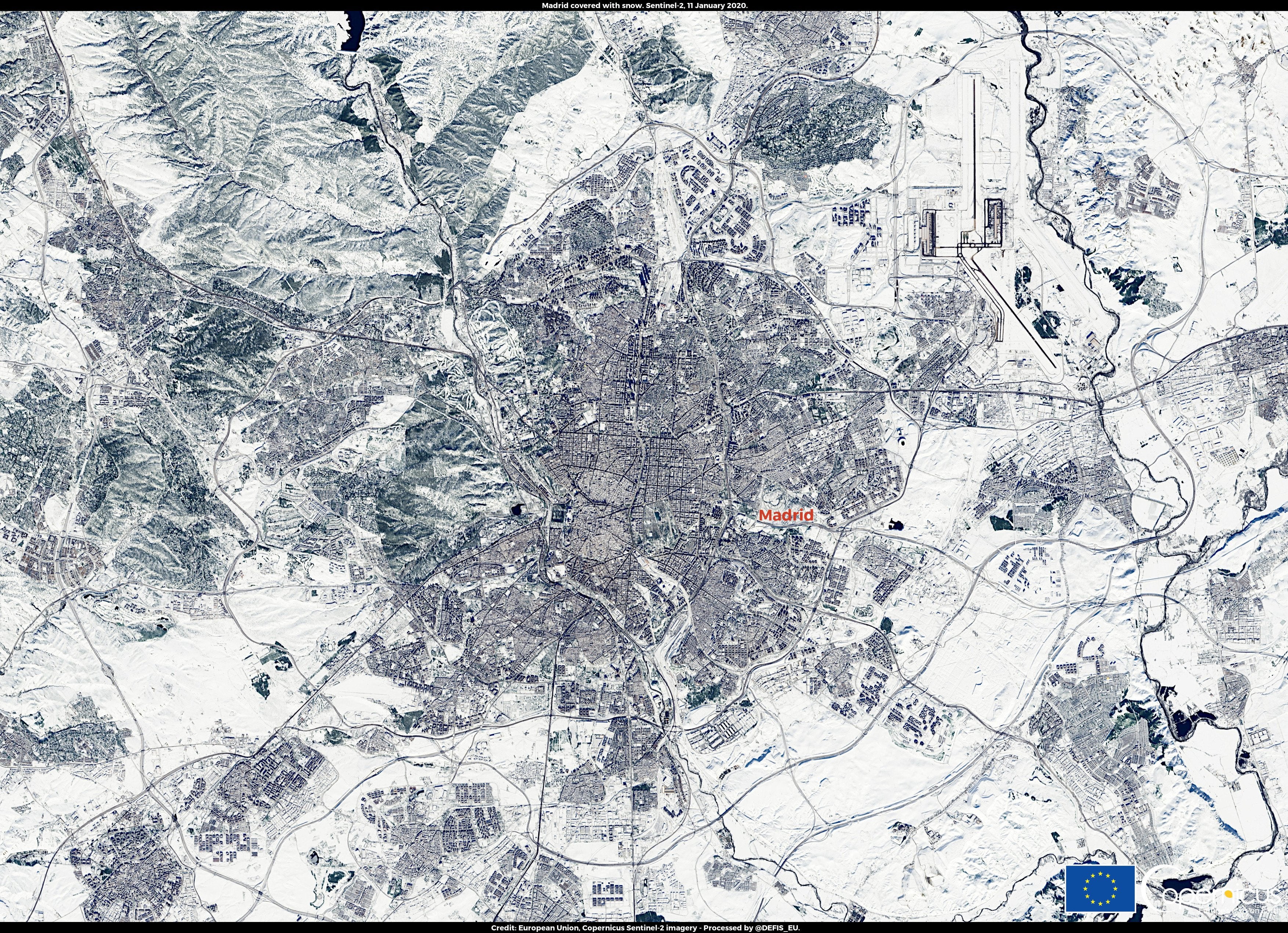 Imagen de la ciudad de Madrid tomada el martes 11 de enero por la misión Copernicus Sentinel-2 de la Agencia Espacia Europea (ESA, por sus siglas en inglés). 