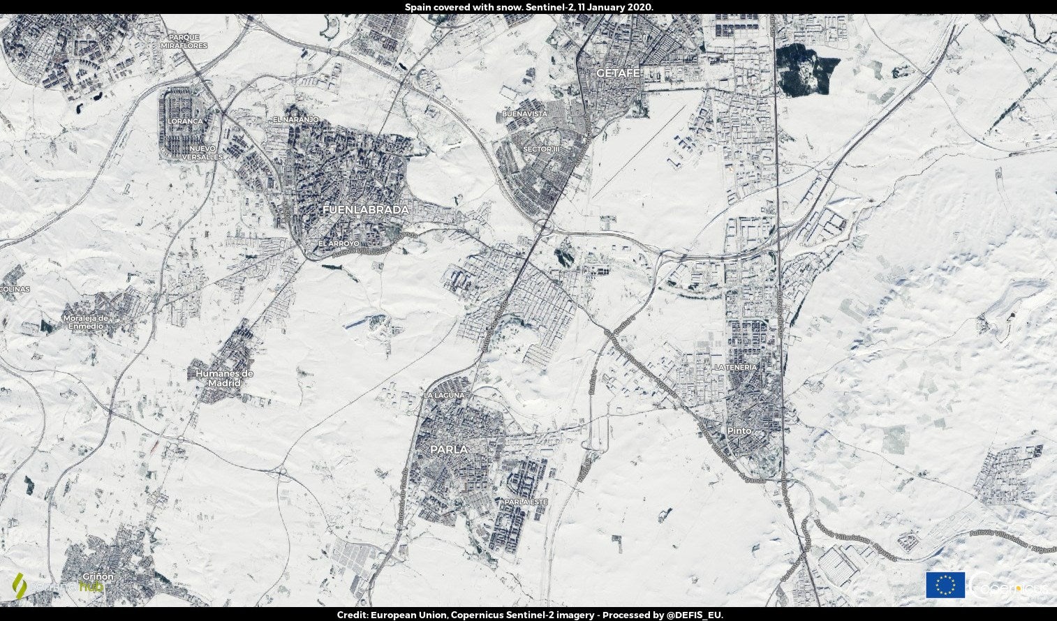 Imagen de algunas ciudades del sur de Madrid como Parla, Getafe o Fuenlabrada tomada el martes 11 de enero por la misión Copernicus Sentinel-2 de la Agencia Espacia Europea (ESA, por sus siglas en inglés). 