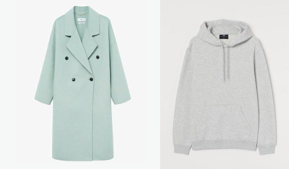 Menta y gris. Abrigo de lana handmade de Mango (119,99€) y sudadera en color gris de H&amp;M (19,90€).