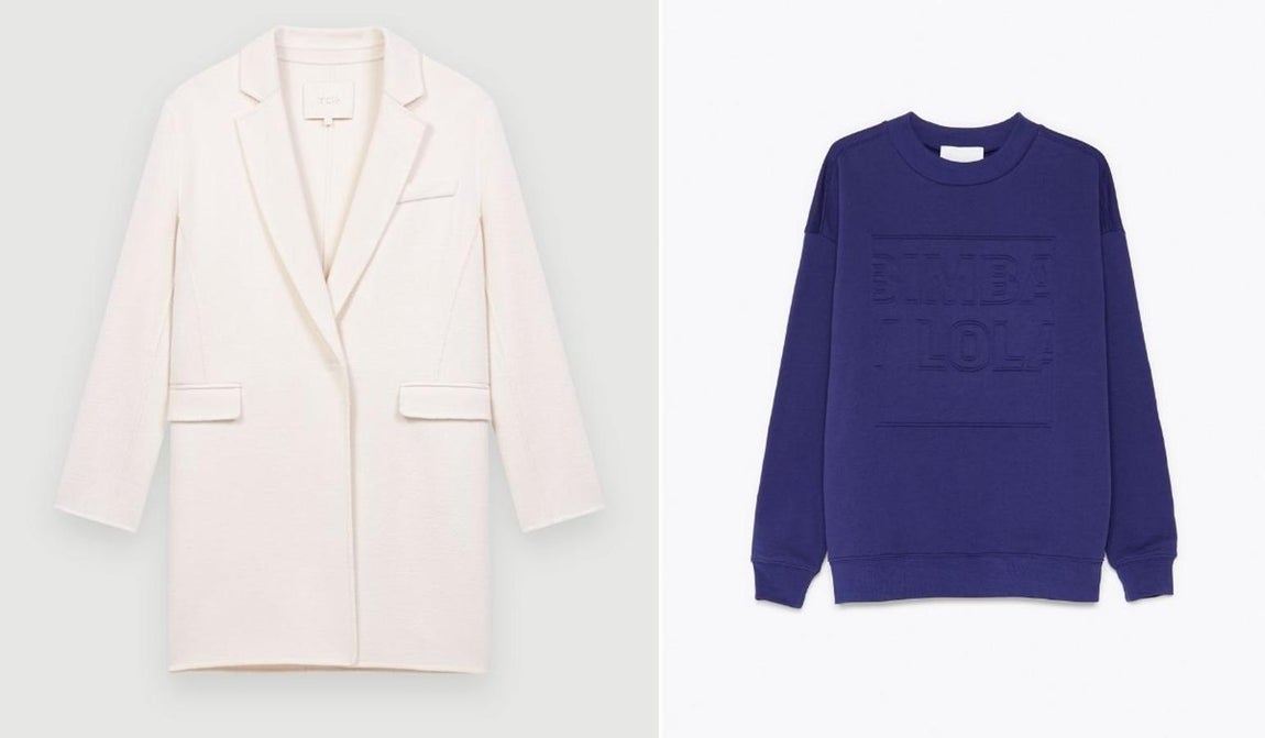 Blanco y berenjena. Abrigo reversible de largo medio de Maje (395€) y sudadera con logo de Bimba &amp; Lola (115€).