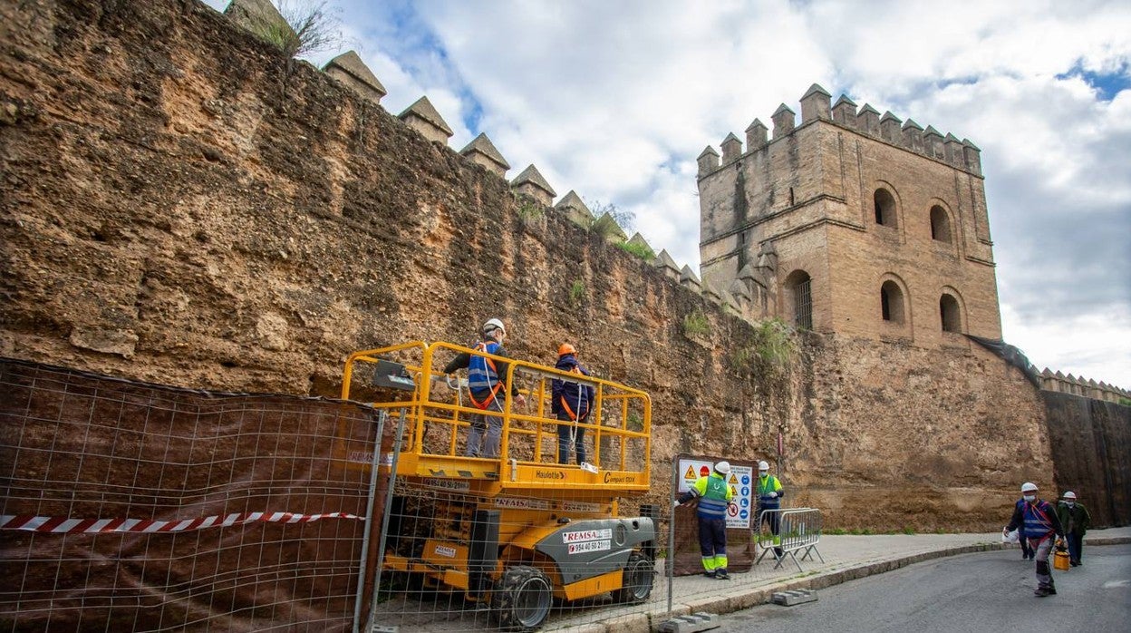 En imágenes, los primeros trabajos de restauración de la muralla de la Macarena