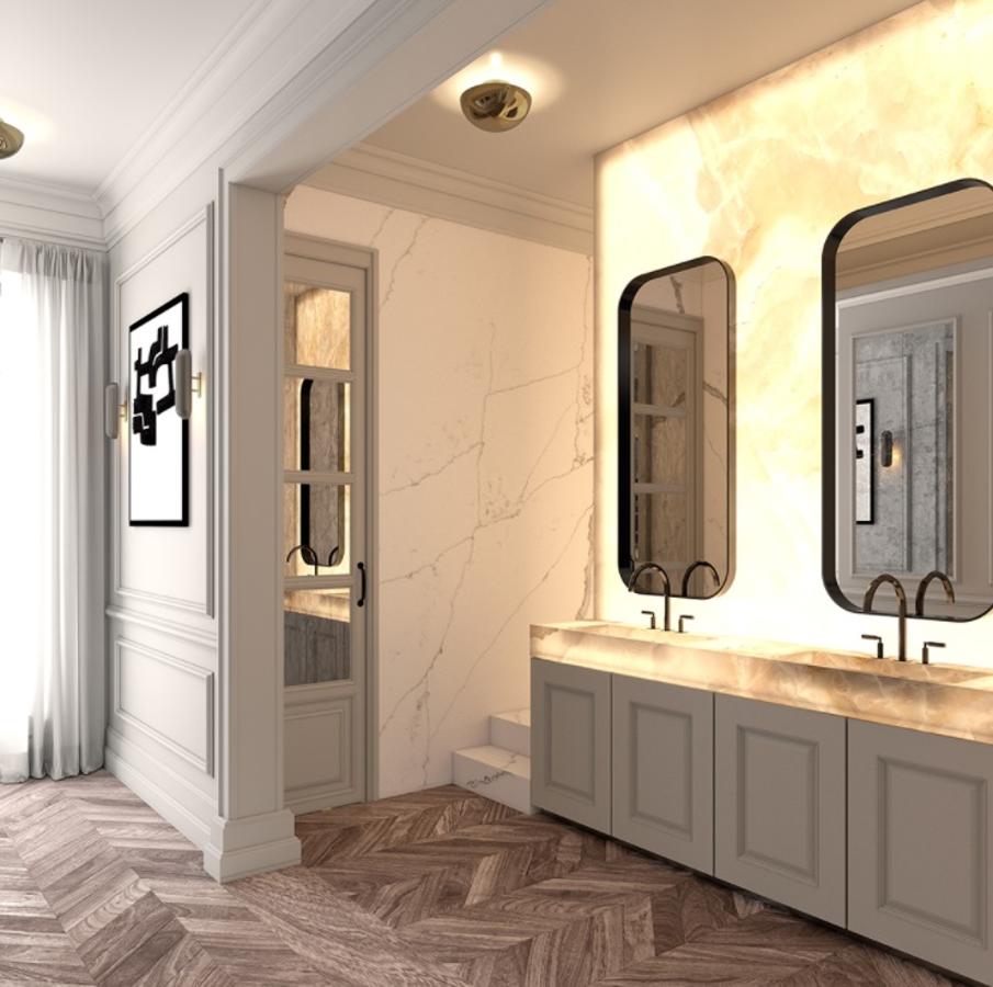 El nuevo apartamento de Marta Ortega en Madrid. Los baños también resultan de lo más elegantes, con ducha, jacuzzi y varios tocadores.