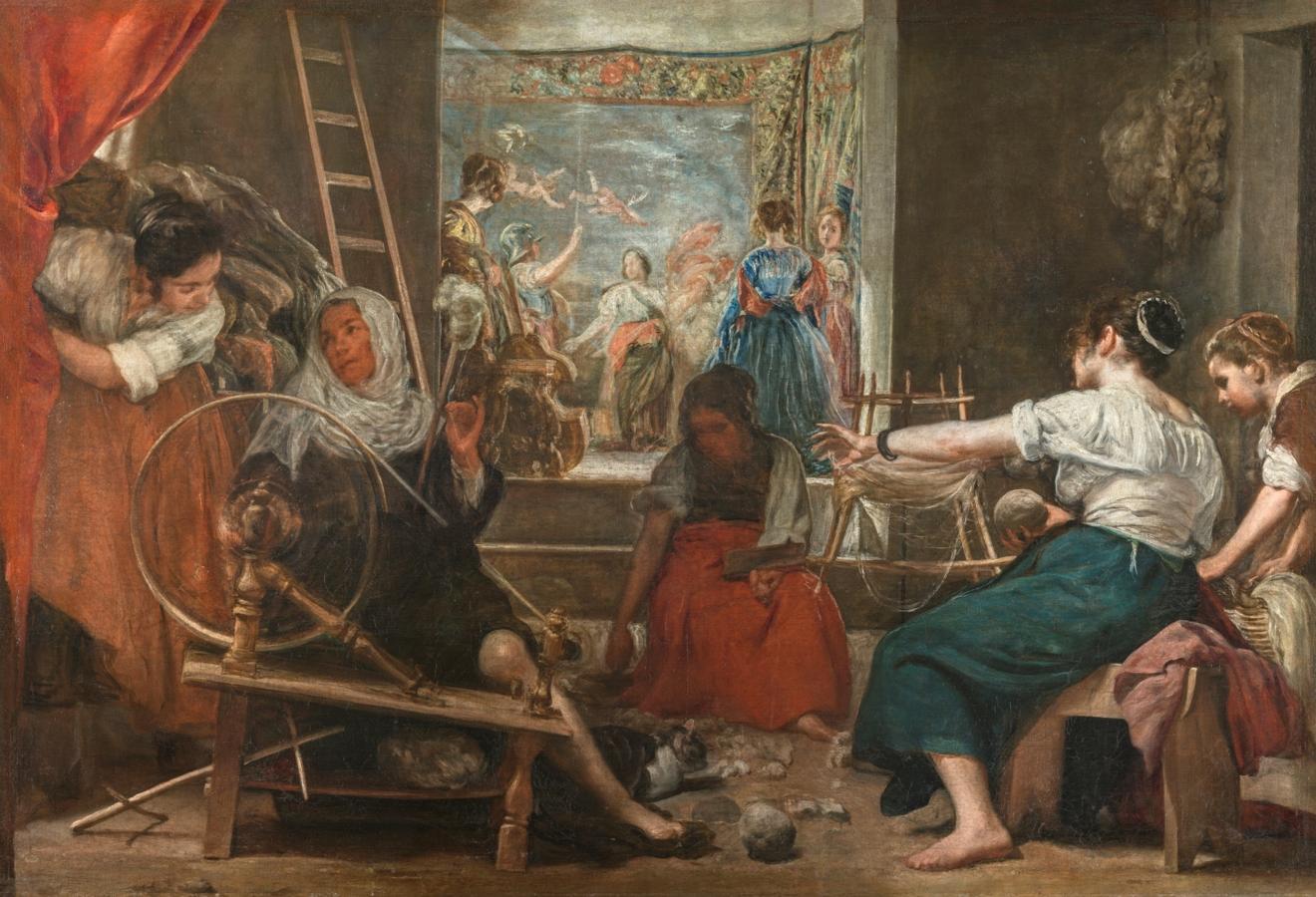 'Las hilanderas', Velázquez. Óleo sobre lienzo, 170 x 250 cm (dimensiones originales, sin las adiciones del siglo xviii); actualmente 223 x 293,4 cm1655-60Madrid, Museo Nacional del Prado