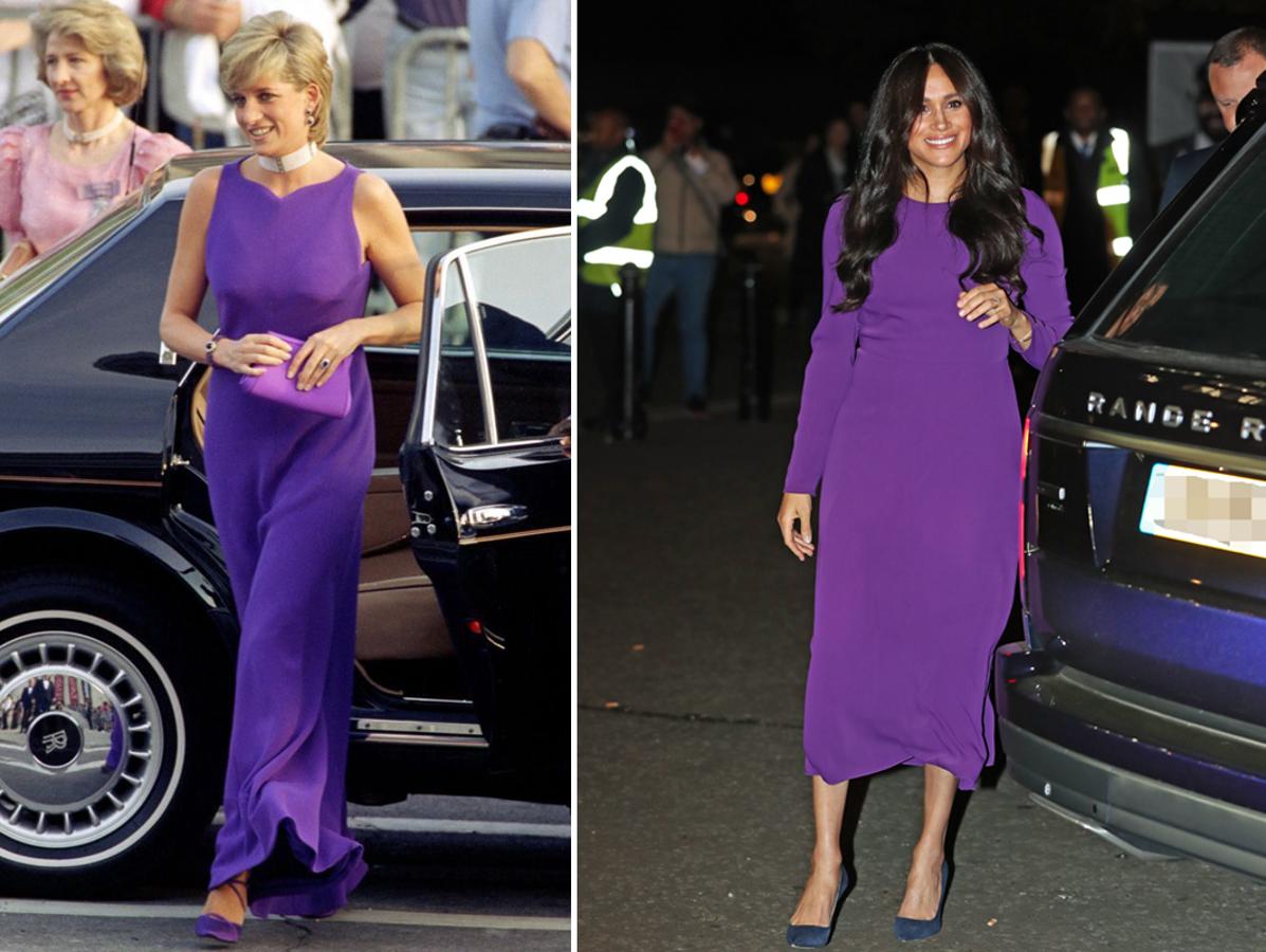 Un favorecedor tono morado. En 1996, Diana de Gales optó por un fabuloso vestido morado de Versace con el que causó sensación durante un acto de visita al Instituto de Investigación Cardíaca Victor Chang en Sídney (Australia). Meghan Makle escogió un vestido del midi del mismo color en 2019 durante la cumbre de 'One Young World' en Londres.