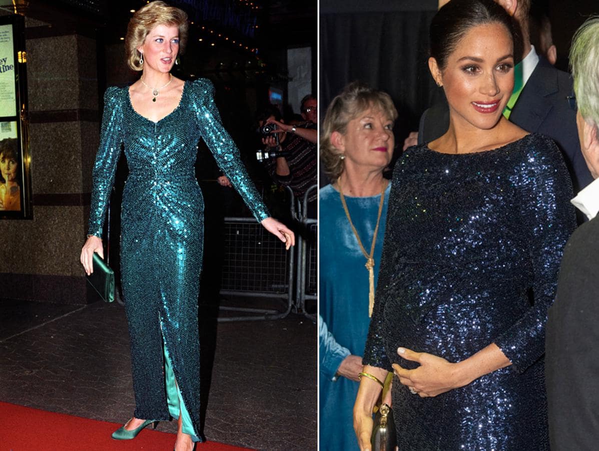 Lentejuelas. En 1989, la princesa Diana escogió un vestido lago de lentejuelas para asistir a la premier de la película 'Shirley Valentine' en Londres. Por su parte, Meghan Markle eligió un vestido muy parecido, en este caso firmado por Roland Mouret, para asistir al Circo del Sol en el Royal Albert Hall en Londres en 2019.