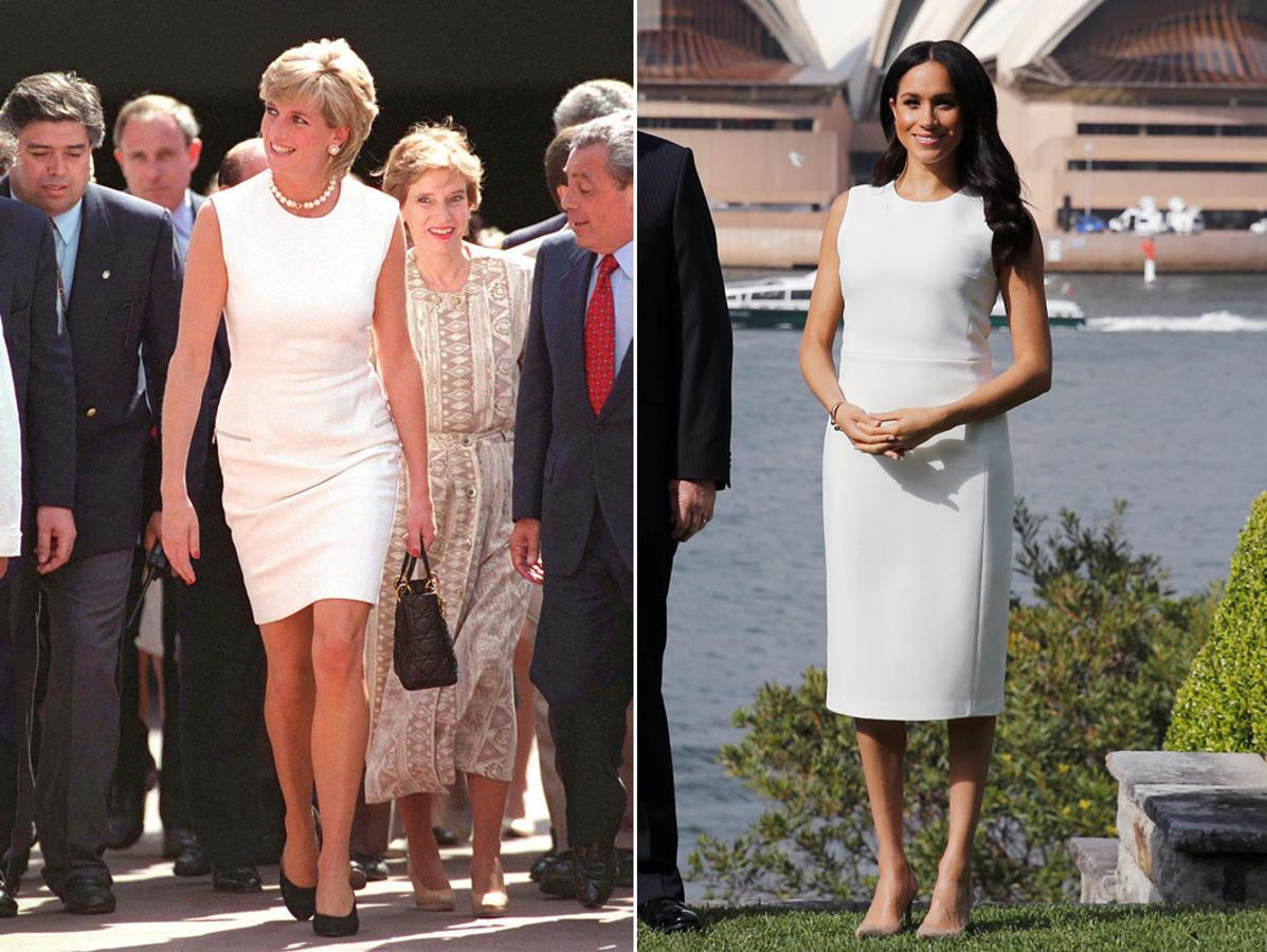 Blanco, sin mangas y midi. El vestido blanco de Diana con collar de perlas y bolso Lady Dior es una sus imágenes más recordadas. En 2018, durante su viaje a Australia, Meghan eligió un vestido blanco de la diseñadora autraliana Karen Gee para asistir a la Casa del Almirantazgo de Sídney en la que reside el Gobernador General del país.