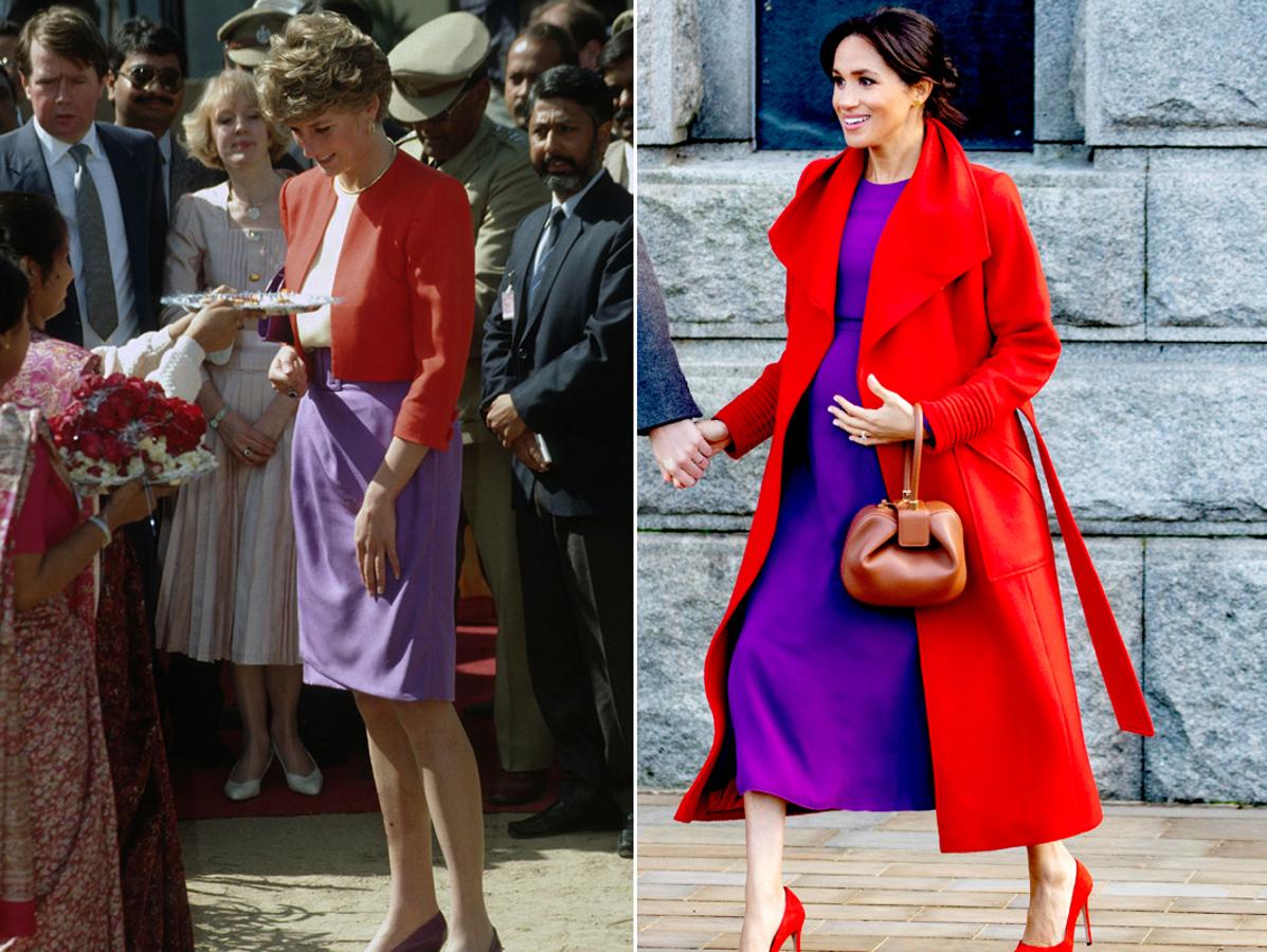 Combinación de colores. En 1992 en un viaje a la India, Lady Di lució  un 'look' de Catherine Walker con un traje con chaqueta roja y falda morada. La misma combinación de colores que en 2019 escogió Meghan Markle, en esta ocasión con un abrigo rojo de Sentaler, vestido morado de Babaton y un bolso marrón de Gabriela Hearstpara para su visita oficial a Birkenhead, una de sus primeras visitas oficiales.