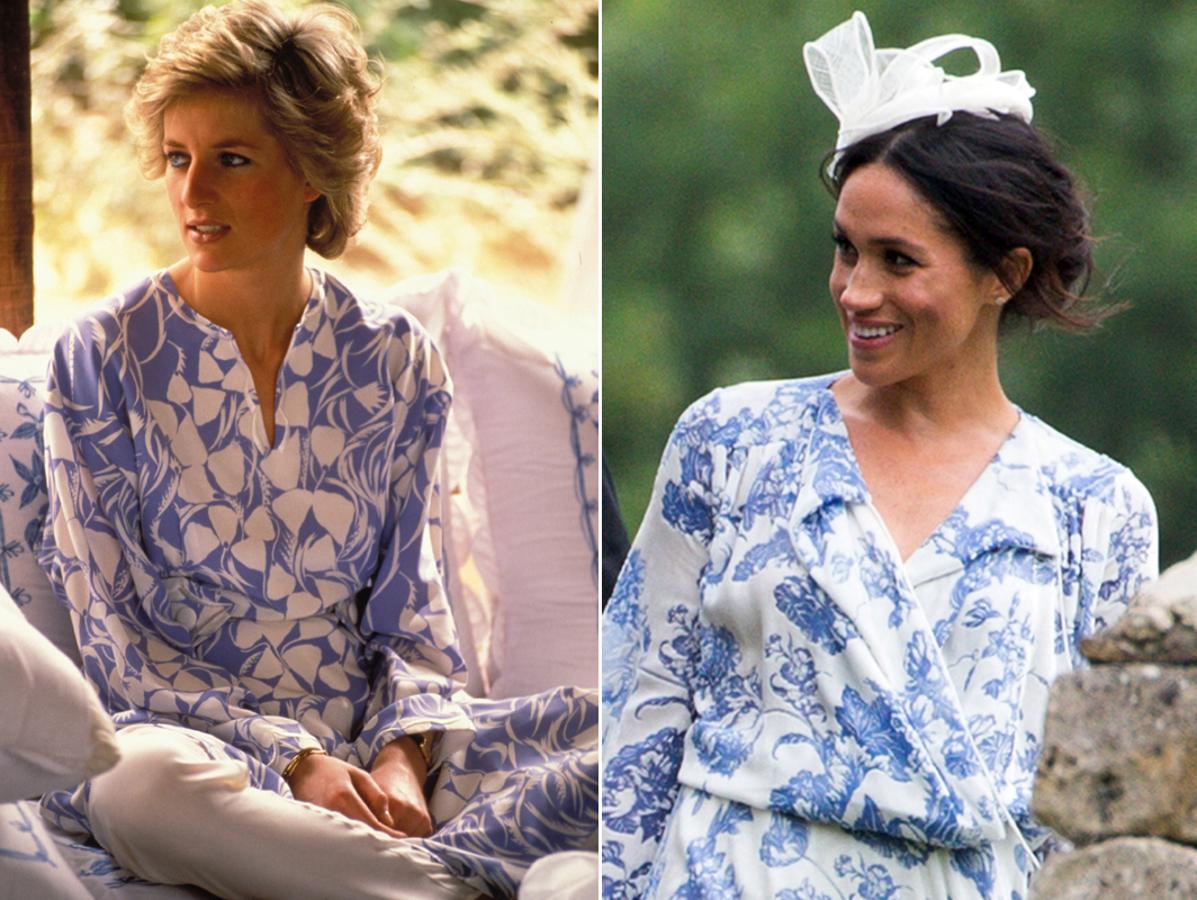 Estampados. Dian de Gales optó por este conjunto de Catherine Walker para una de sus visitas oficiales. En 2018, para la boda de Celia McCorquodale, sobrina de Diana de Gales, Meghan escogió un vestido con estampado en tonos azules y blancos de Óscar de la Renta.