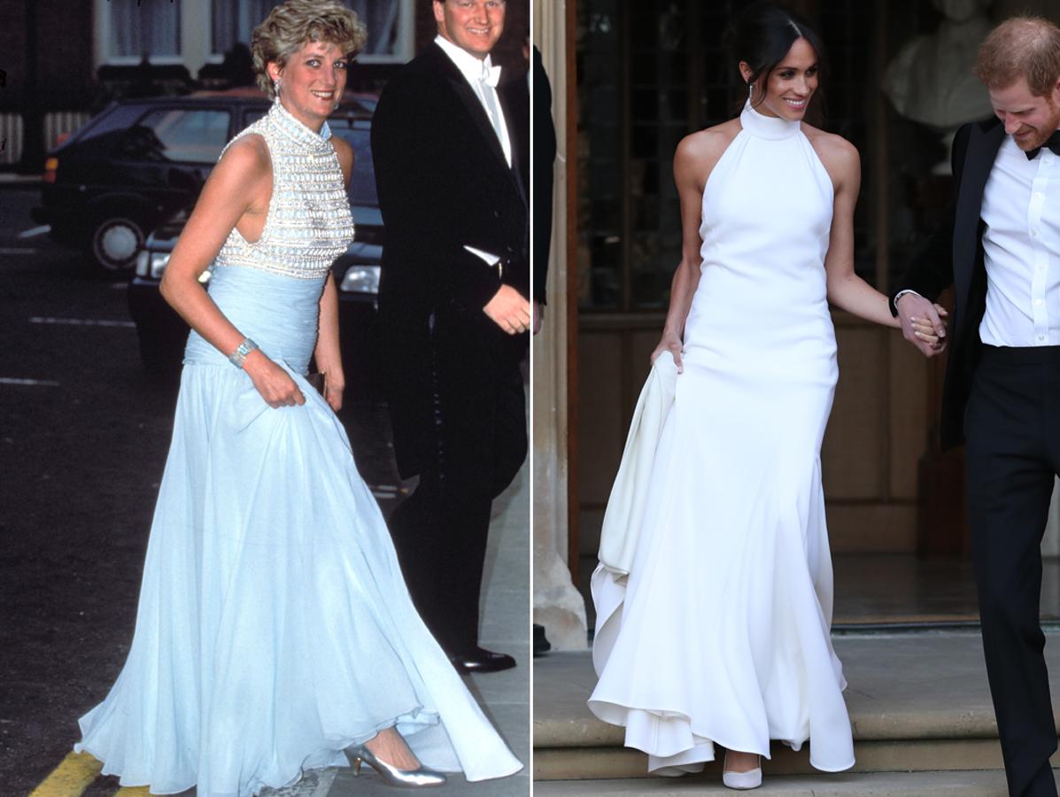 Escote halter. Uno de los escotes que más estilizan la figura y que en su día Diana ya lució con un fabuloso vestido con falda azul y cuerpo bordado. Y que décadas después, la propia Meghan Markle escogió como segundo vestido en el día de su boda con el príncipe Harry. Un diseño de color blanco de la firma Stella McCartney con el que hizo su segunda aparición pública el día del enlace, causando sensación.