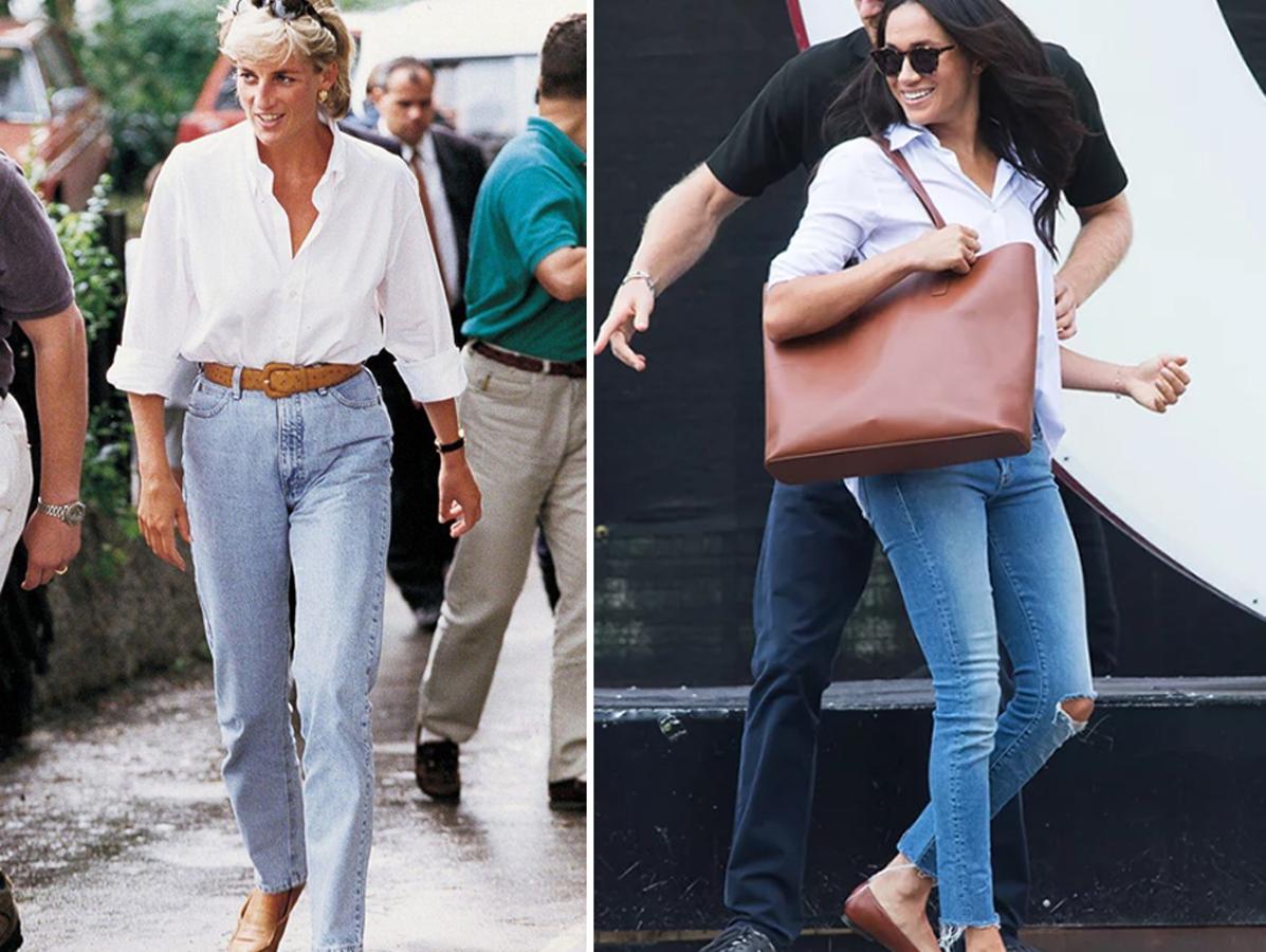 Jeans y camisa blanca. Los jeans también han formado parte del vestuario de ambas para lucir algunos estilismos que aunque informales, resultan igual de favorecedores. En el caso de Diana con una camisa blanca metida por dentro durante una visita de Cruz Roja en Bosnia, en 1997; Markle por su parte, también con camisa de Misha Nonoo y vaqueros en los Invictus Games celebrados en Toronto (Canadá) en 2017.