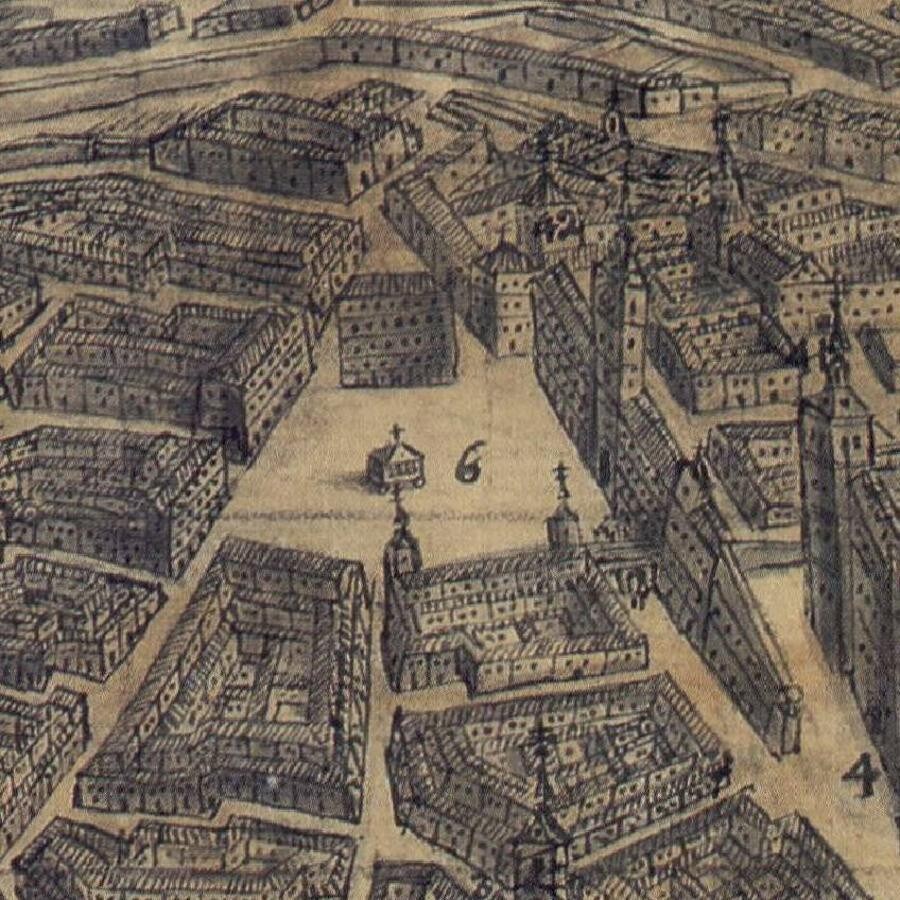 La plaza de Zocodover hacia 1720 con el clavicote situado en el centro urbano. Vista panorámica dibujada por el maestro de obras José de Arroyo Palomeque. 
