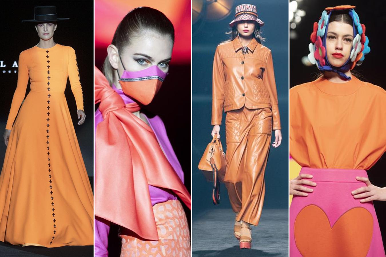 3. Un color: naranja. En versión neón, más vitaminado, más ocre, combinado o en looks monocolor y en casi todo tipo de prendas y tejidos, el color naranja ha sido uno de los colores más repetidos sobre la pasarela. En la imagen, diseños de Fernando Claro, Hannibal Laguna, Maite by Lola Casademunt y Ágatha Ruiz de la Prada.