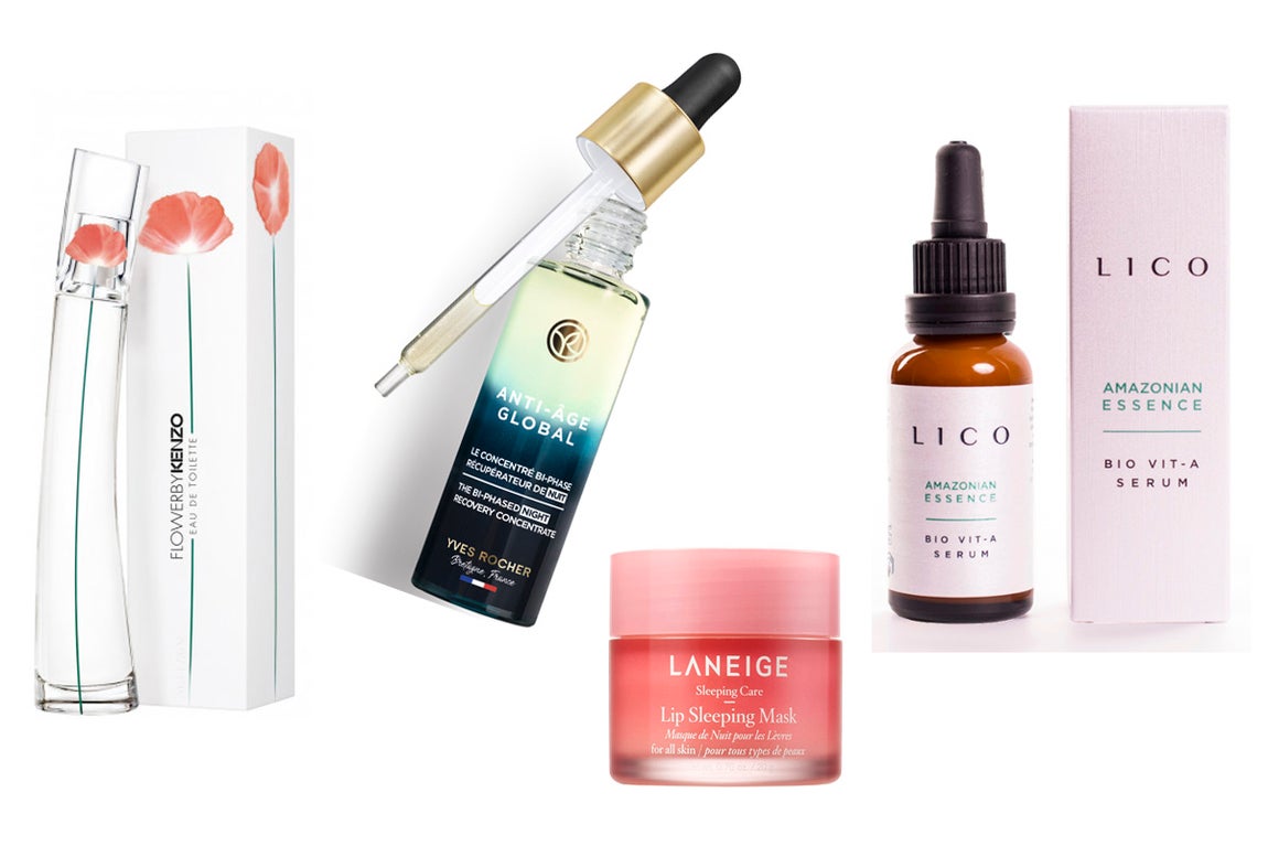 De izquierda a derecha: Flower By Kenzo Eau de Toilette (74,50 €), la nueva fragancia con la amapola como protagonista, es un floral almizclado que se revela como una suave caricia para la piel. Sérum de noche anti-edad global de Yves Rocher (60 €), una fórmula bifásica que actúa desde el interior de las células y con un 98% de sus ingredientes de origen natural. Mascarilla de noche de labios Laneige (21,99 €, solo en Sephora), actúa como un bálsamo suavizante aportando una gran hidratación, gracias a una fórmula con ácido hialurónico y minerales. Se puede usar como mascarilla intensiva de noche o como bálsamo labial. Tratamiento Amazonian Sérum Bio Vit A de Lico Cosmetics (44,90 €), ideal para las pieles sensibles y reactivas, está formulado con bakuchiol, conocido como el retinol vegano, con todos sus beneficios, pero sin irritar la piel.