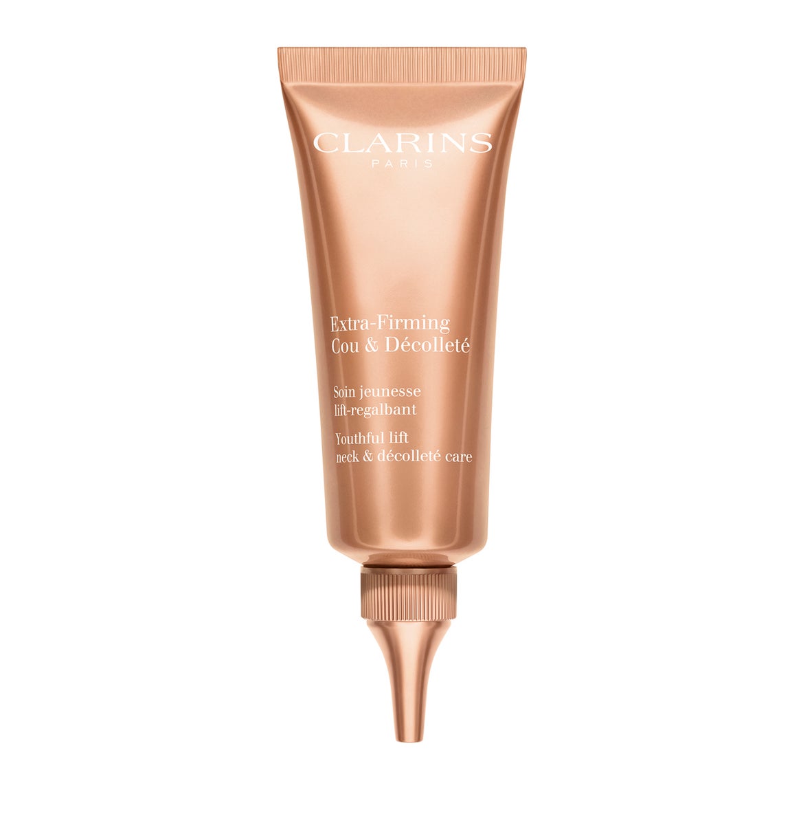 Tratamiento de juventud cuello y escote Extra-Firming Cou &amp; Décolleté de Clarins. Con efecto tensor y alisador para preservar la juventud del cuello y del escote. Una crema fundente y no grasa que tensa, redefine y reafirma gracias a una potente fórmula a base de extractos de plantas y el complejo anticontaminación de Clarins. (84 €)
