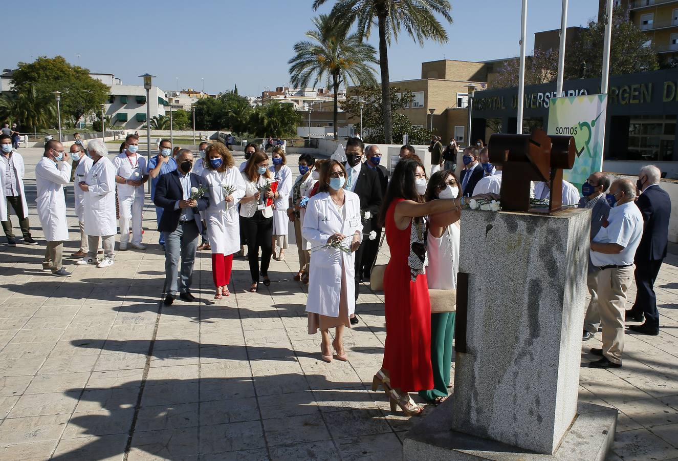 Ofrenda de claveles al monumento al donante en el Hospital Virgen del Rocío