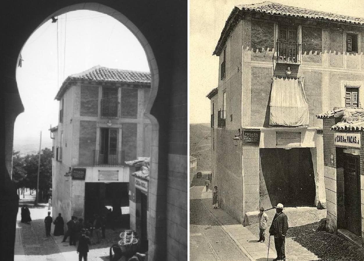 A la izquierda, Arco de la Sangre y la posada del mismo nombre en una foto estereoscópica de A. Beer. A la derecha, una postal de Constantino Garcés, editada hacia 1904. Archivo Municipal de Toledo. 