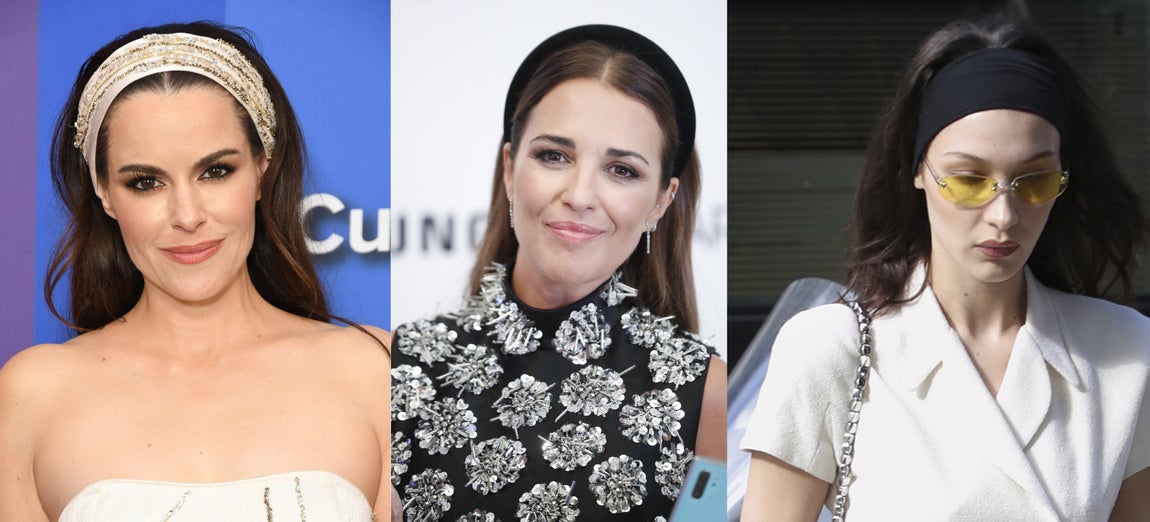 Diademas. Es uno de los accesorios estrella para arreglar el peinado en un día difícil. Cuanto más ancha sea, más cubrirá de la zona superior, que suele ser la más complicada. En la foto, tres opciones llevadas por (de izq. a dcha.) Emily Hampshire, Paula Echevarría y Bella Hadid.