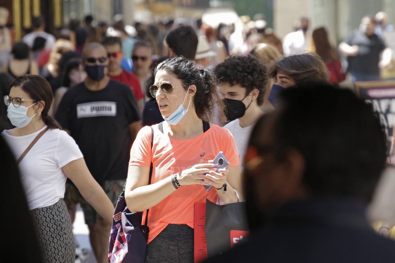 El uso de la mascarilla en el centro de Sevilla ha sido mayoritario este sábado