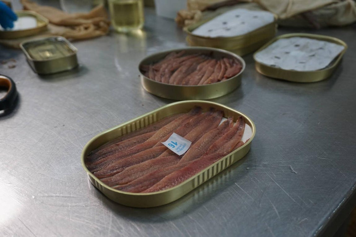 6. Todo el proceso es artesanal y manual, incluida la disposición en las latas, tarros de cristal y envases de plástico en la que se conservan. Cada una de ellas sigue un estricto control de calidad –el pequeño recuadro de papel numerado que hay en cada lata–. Las capas de filetes se separan con papel especial para que no se puedan pegar y desgarrar al ser servidas.