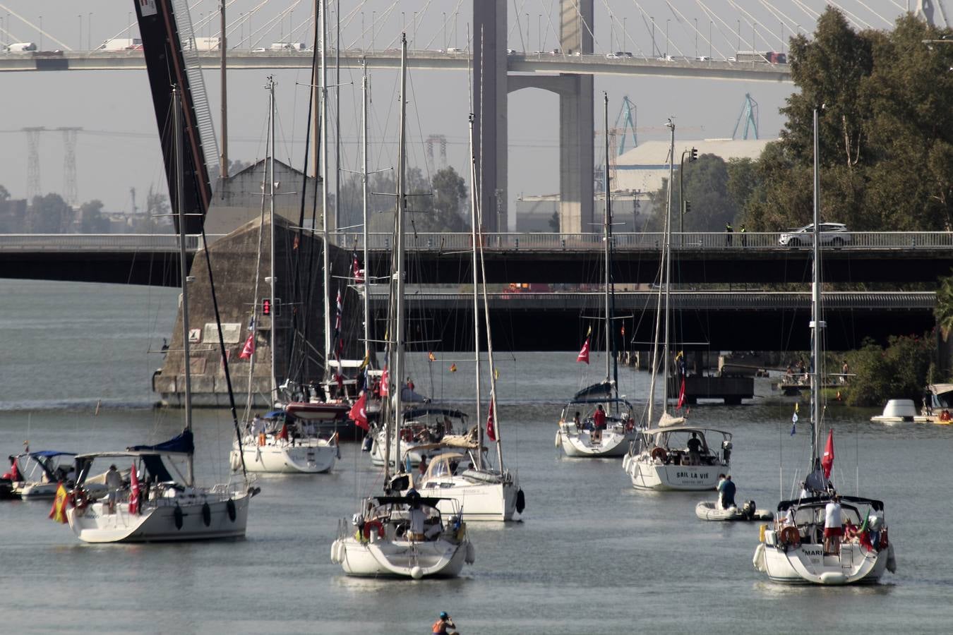 En imágenes: decenas de veleros cruzan el puente de las Delicias hacia Cádiz