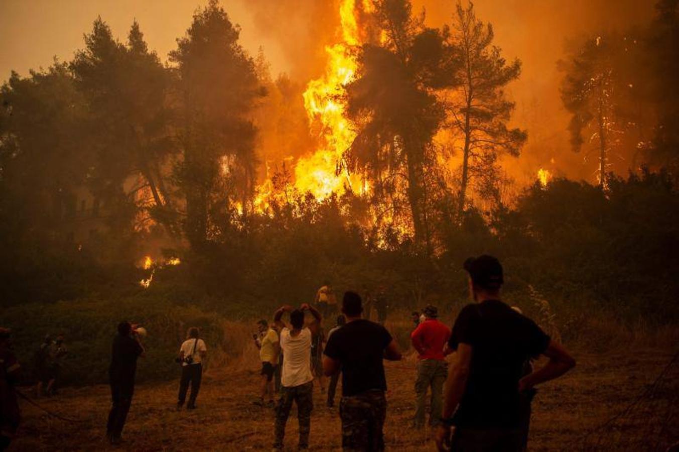 Un lugareño usa un megáfono para comunicarse con los bomberos mientras otros observan un gran incendio forestal que se acerca al pueblo de Pefki en la isla de Evia (Eubea). 