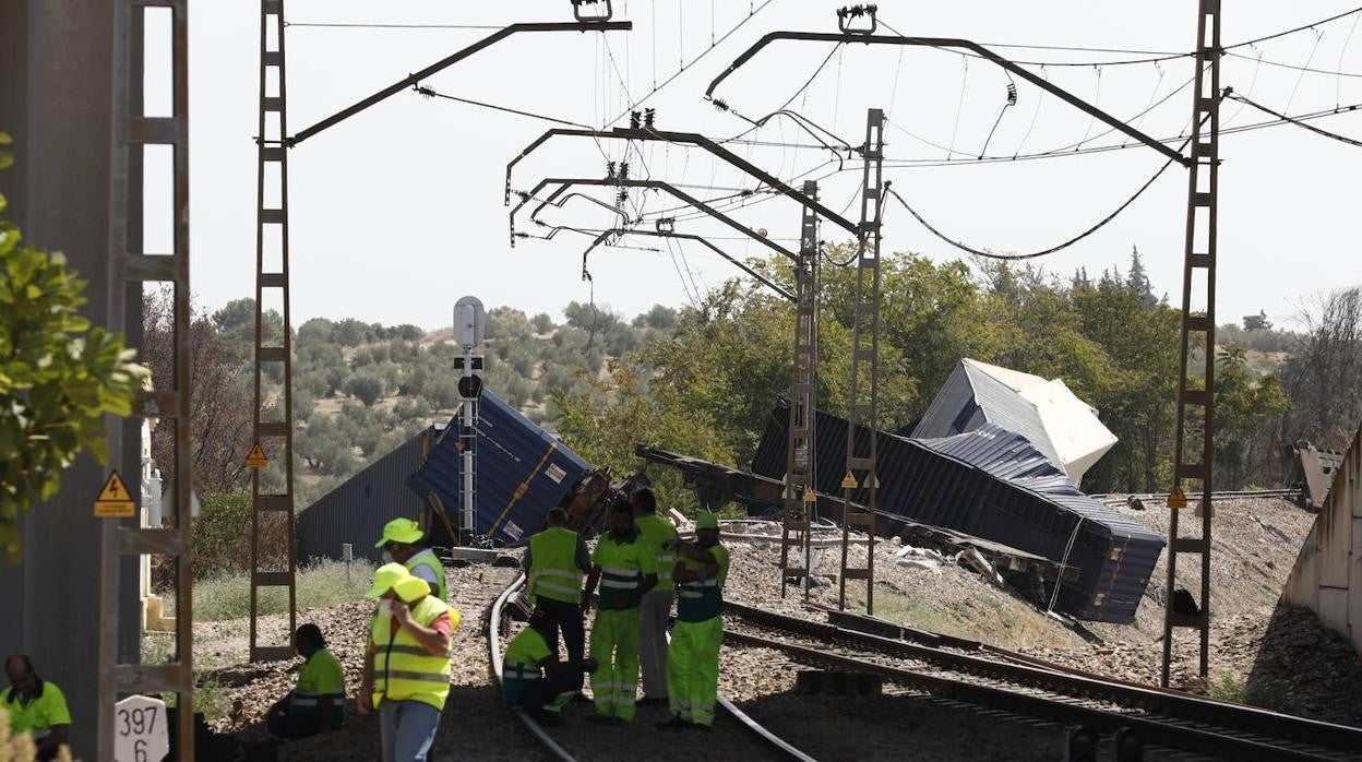 La retirada de los vagones del tren de mercancías en Montoro, en imágenes