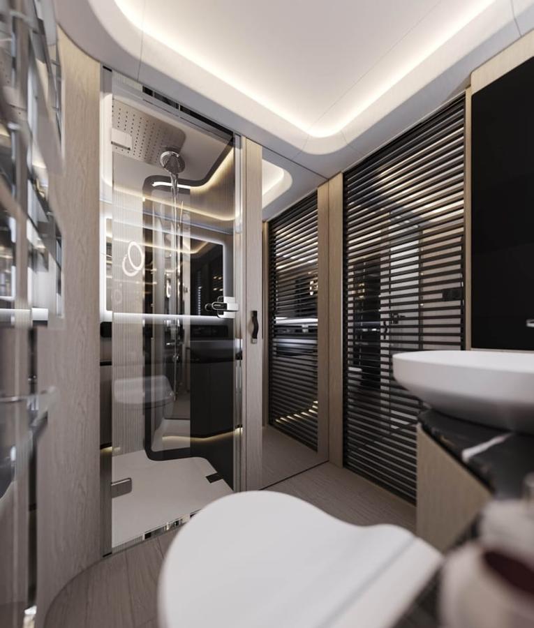 Dembell, la autocaravana inspirada en un yate. Un último detalle que habría que señalar es que la caravana posee un parking para guardar en su interior un coche o una moto, una muestra más de cómo está todo pensado al milímetro.