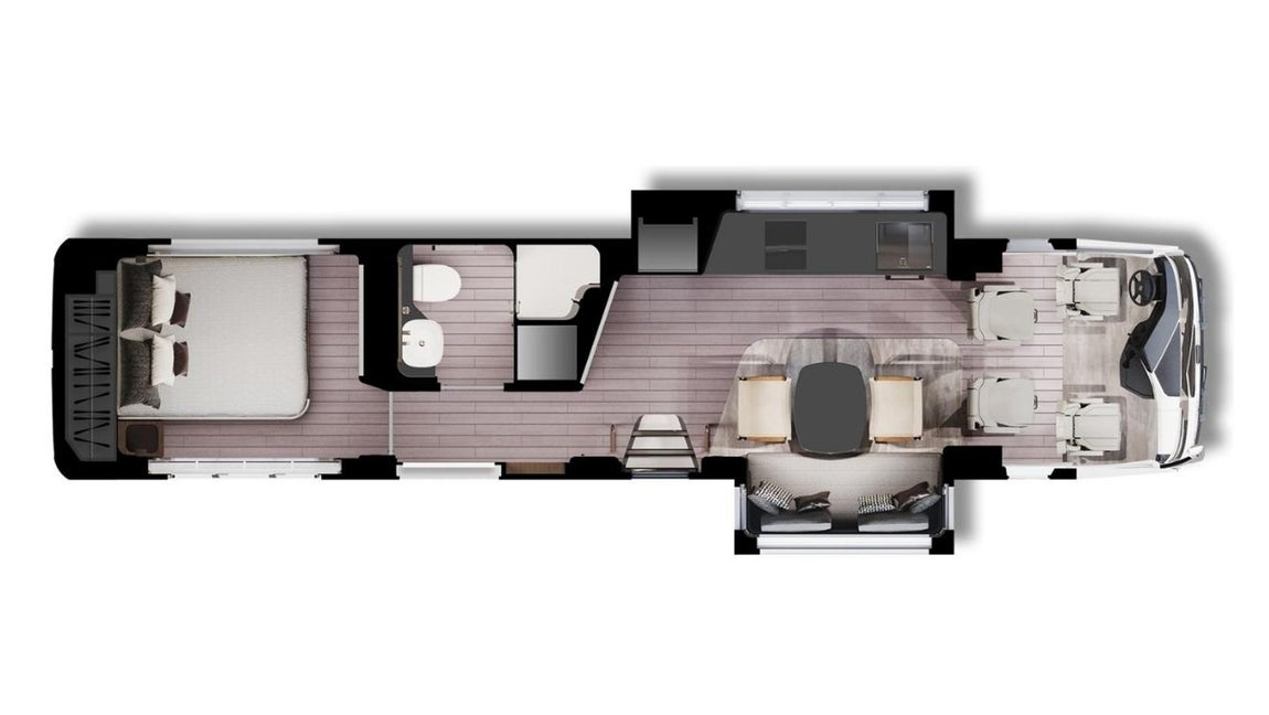 Dembell, la autocaravana inspirada en un yate. Su interior es bastante amplio y consta de un salón comedor con una mesa para cuatro comensales y dos cómodos sofás, una coina completamente equipada, un baño con ducha y todos los acabados en cerámica y un dormitorio con una cama tamaño king size.