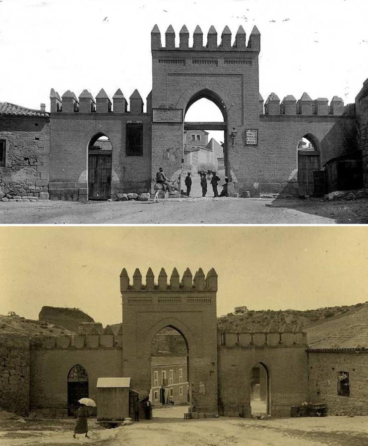 Puerta de Arbitrios frente al puente de San Martín, trazada por Santiago Martín y Ruiz en 1864. Arriba, fachada exterior en una foto de Thomas, ca. 1910. Abajo, la fachada interior fotografiada por la Casa Comercial «Loty» en 1928. Archivo Municipal de Toledo. 