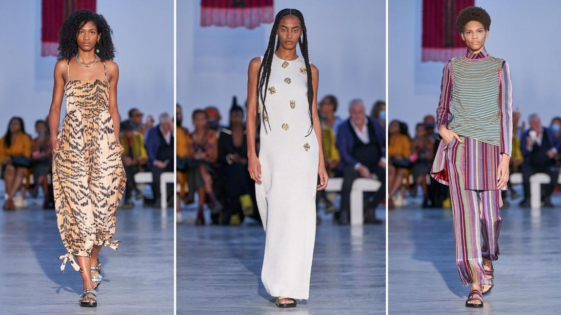 Kenneth Ize - PFW primavera-verano 2022. Ize se encargó de abrir la Semana de la Moda parisina con una colección que es toda una explisión de color. El diseñador nació en Nigeria y se crió en Austra y con su propuesta quiso fusionar ambas culturas con prendas en las que se han empleado los materiales tradicionales africanos en un contexto más europeo. Una propuesta mixta en donde se han visto juegos en los patrones, tejidos y formas.
