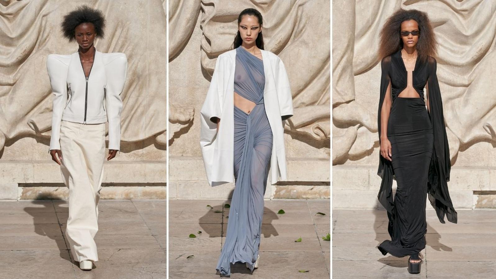 Rick Owens - PFW primavera-verano 2022. El athleisure se ha fusionado con el estilo más sofisticado con looks cargados de personalidad en donde no han faltado los drapeados, escotes generosos y prendas con mucho vuelo donde el punto diferenciador venía de la mano de las chaquetas, de estilo más deportivo, que los renovaban por completo.