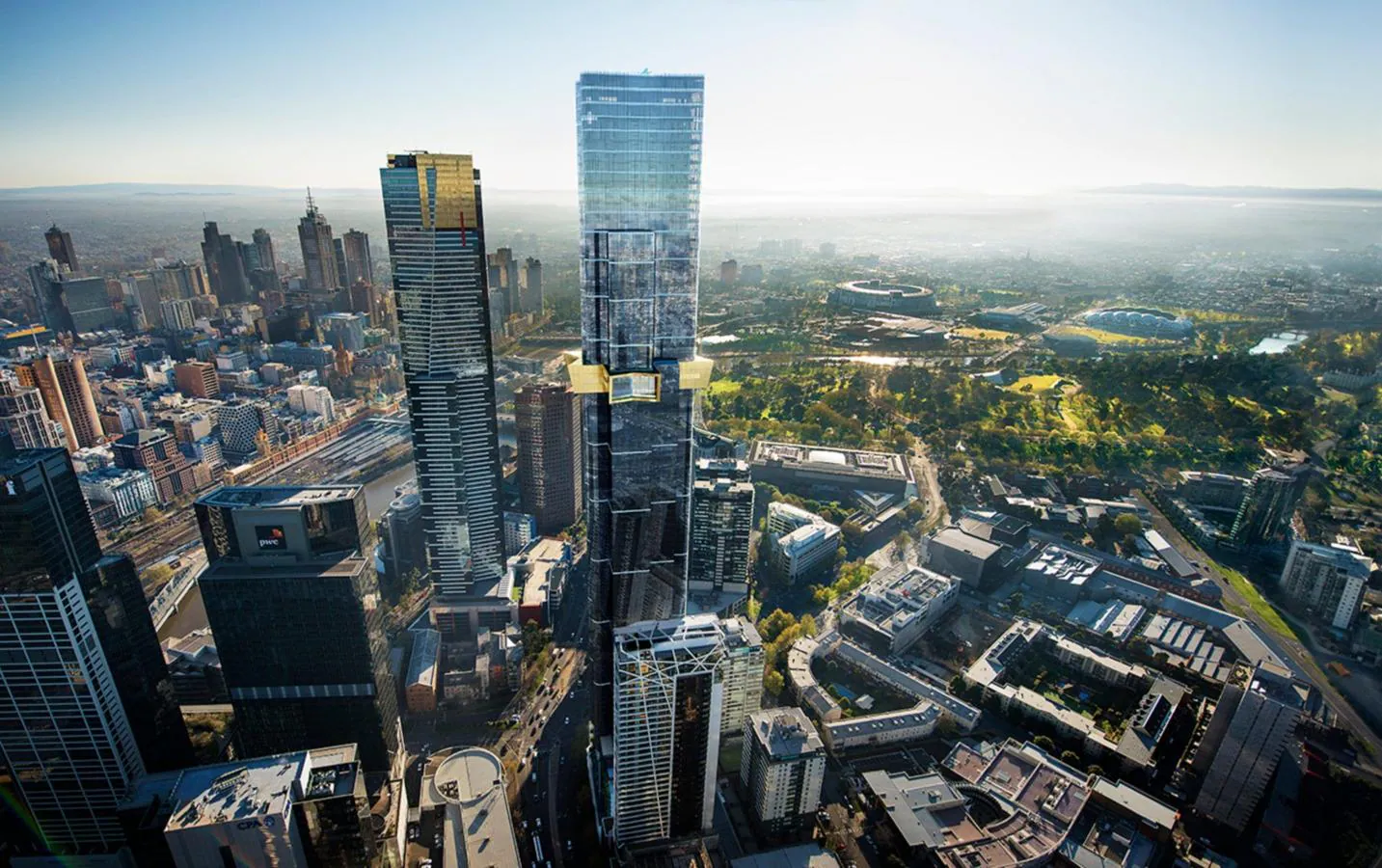 7. Australia 108, Melbourne. Ubicado en el distrito Southbank de Melbourne, el Autralia 108, de 319 metros de altura, es uno de los edificios más espectaculares de la ciudad. El rascacielos cuenta con 100 plantas y más de 1.100 viviendas. Construido por Fender Katsalidis Architects, lo que más llama la atención en cuanto a su diseño exterior es la parte superior de la torre que simboliza la Estrella de la Commonwealth en la bandera australiana.