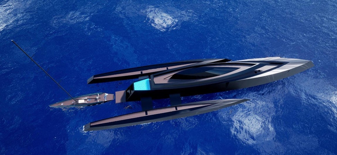 Bond Girl, el trimarán perfecto para espías. Posee 77 metros de eslora y tiene espacio para acoger un puerto artificial. En su estudiado diseño tampoco faltan las terrazas en los camarotes, que por supuesto, son plegables para que a la hora de navegar pase desapercibido.