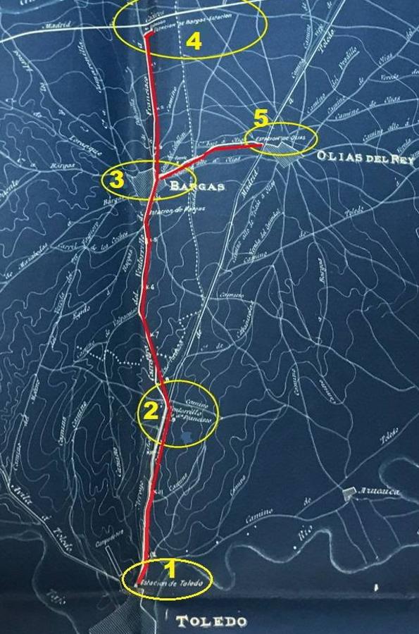 Plano del recorrido del tranvía a vapor, ideado en 1903. Sobre la hoja, remarcamos las líneas y las cuatro terminales repartidas en Toledo, Bargas y Olías del Rey. 