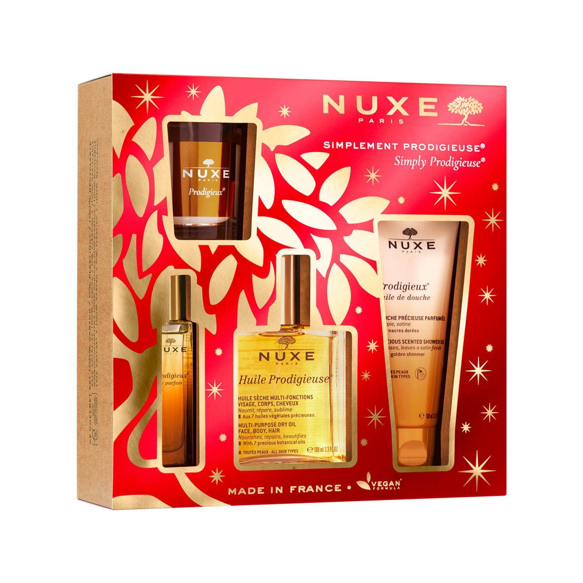Cofre Simplemente Prodigieuse de Nuxe (41,90 €). Para las amantes del mítico aceite Huile Prodigieuse, de la cosmética francesa y vegana, este pack contiene el aceite en tamaño 100 ml, Prodigieuse le parfum, en 15 ml, Prodigieuse Aceite de ducha en 100 ml y la vela Prodigieuse.