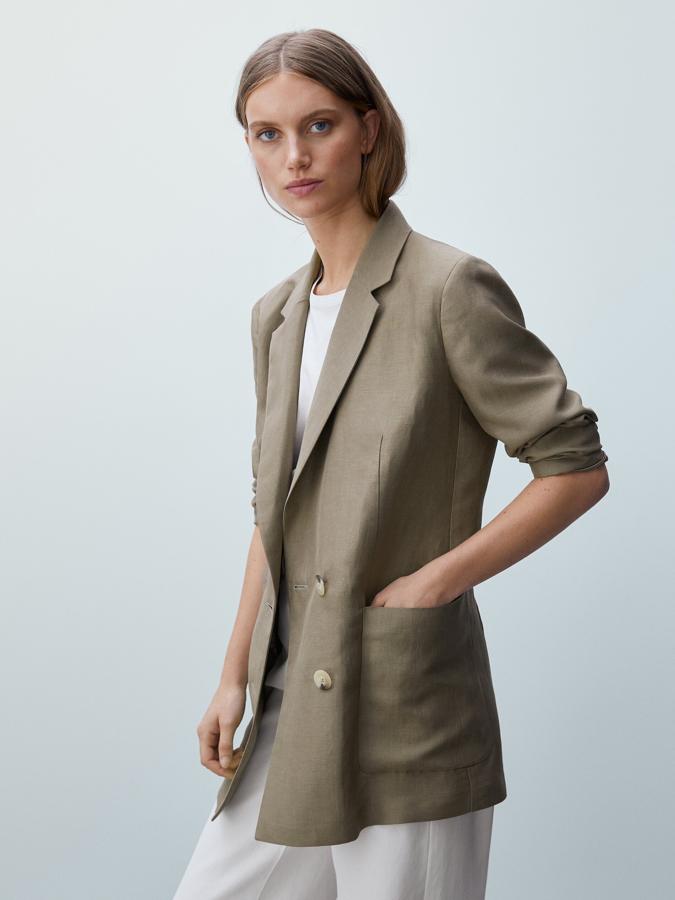 Mujer Massimo Dutti Americana Cruzada Botones Dorados Crudo