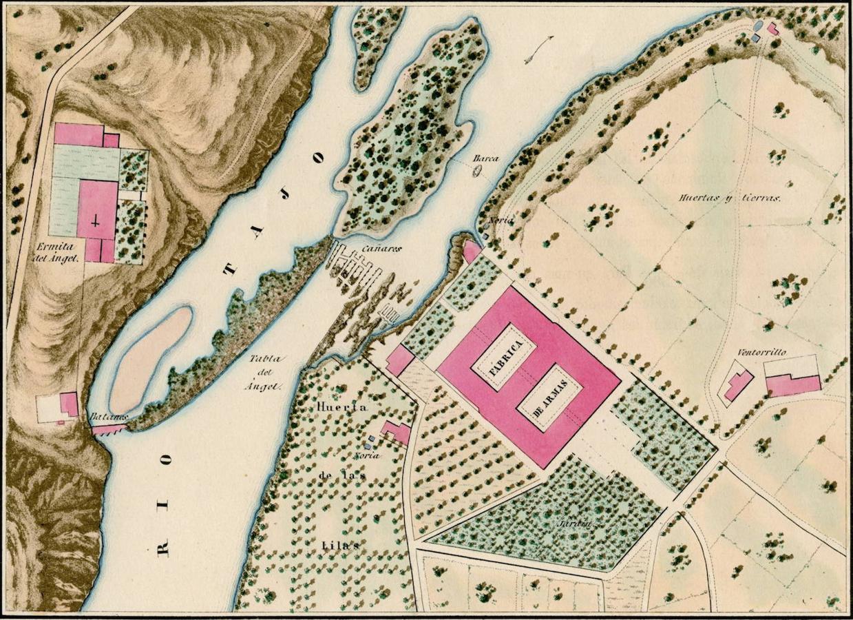 La Fábrica de Armas en 1854. Plano de José Pilar Morales. Tras la factoría aparecen los cañares de Bálsamo, una barrera luego convertida en presa y los batanes del Angel en la orilla izquierda. 