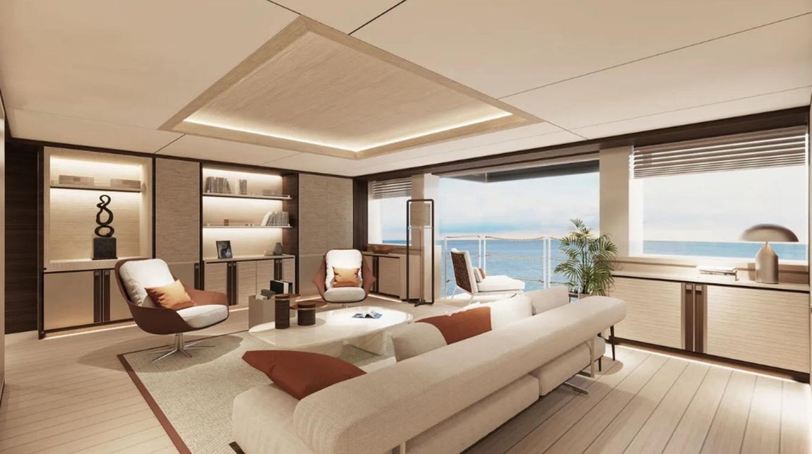 'Project 2024', el nuevo yate de 182 millones de Amancio Ortega. Dicha sala de estar se conecta a su vez con un balcón que posee acceso directo a la proa de la cubierta superior (que es donde se encuentra la piscina rodeada de tumbonas).
