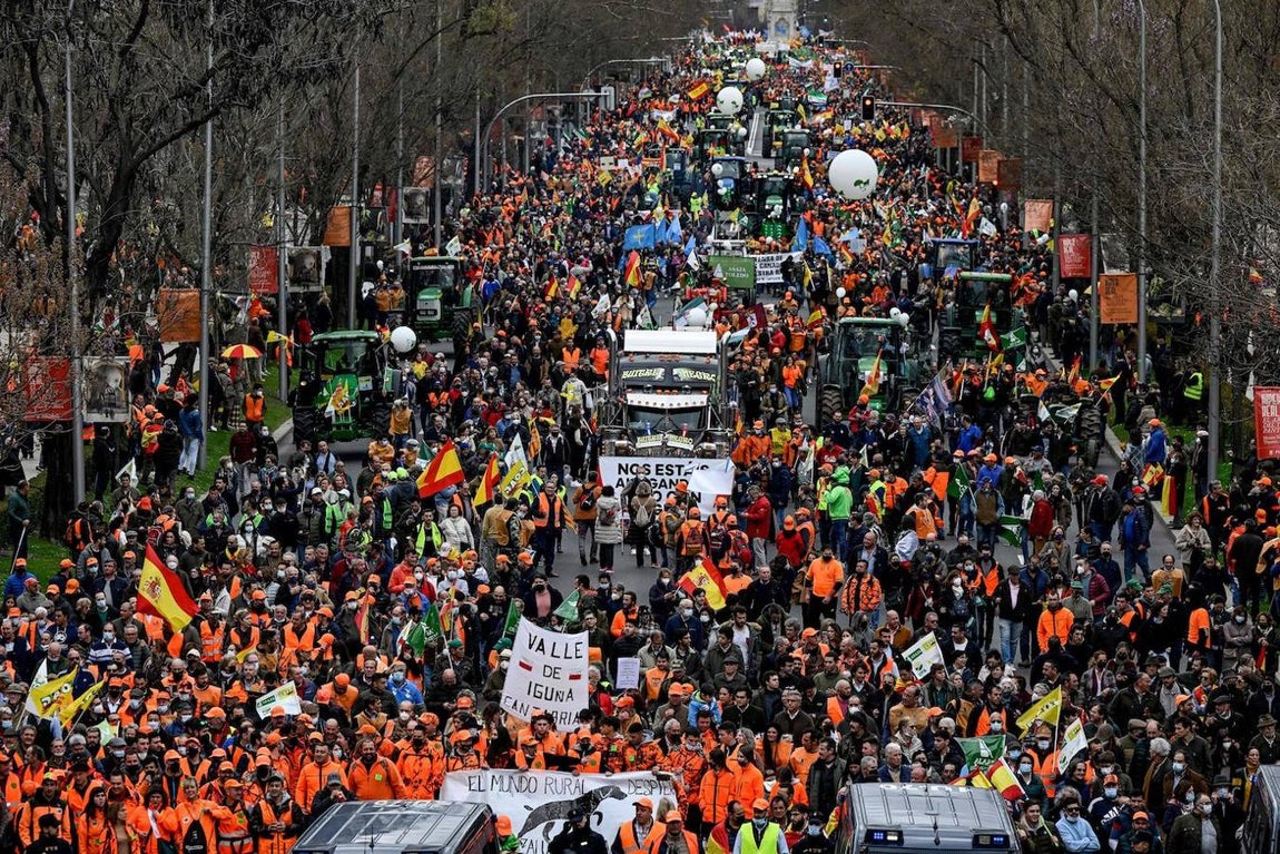 Las principales organizaciones de agricultores y ganaderos, junto a entidades de los sectores de la caza y los toros, han comenzado a las 11.00 una manifestación con el lema 'Juntos por el campo' que transcurre desde la sede del Ministerio de Agricultura (glorieta de Atocha) hasta la del Ministerio de Transición Ecológica y Reto Demográfico (Nuevos Ministerios). 