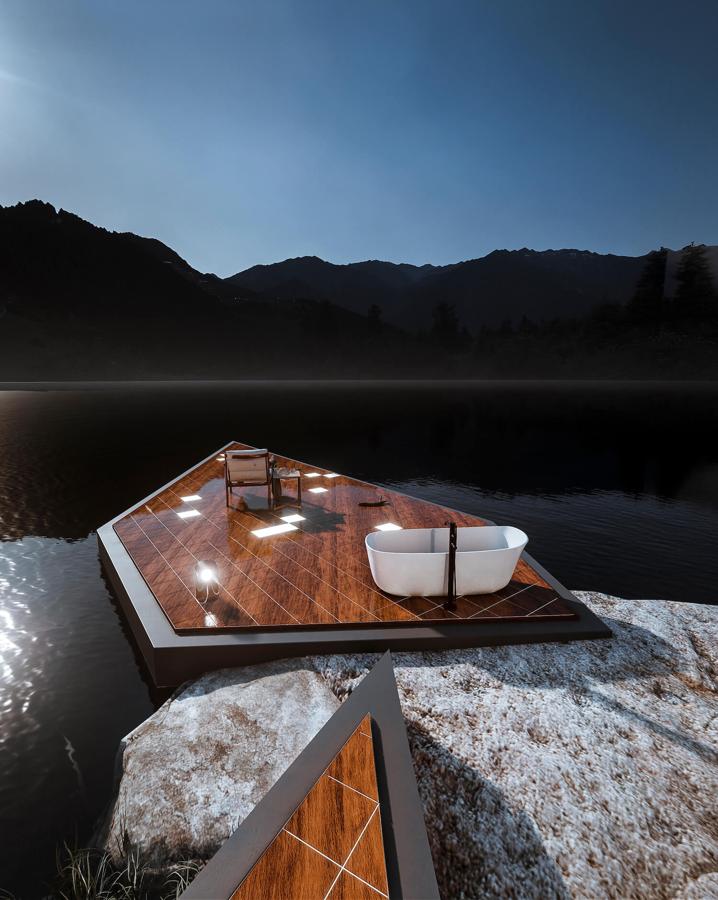 Así es 'Broken Diamond House'. A orillas del lago se incluye una plataforma donde poder tomar el sol y disfrutar de un relajante baño, todo con un diseño modernista con aires minimal.