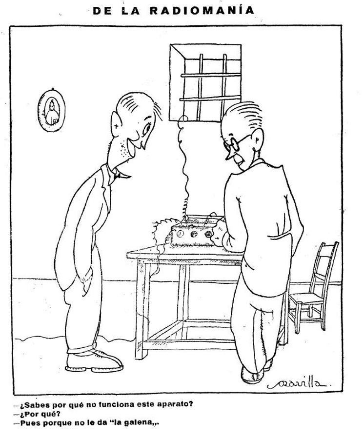 Caricatura firmada por Soravilla en El Castellano, el 27 de octubre de 1924. Un mes antes aconteció la audición de Radio Ibérica en el Teatro Rojas. 