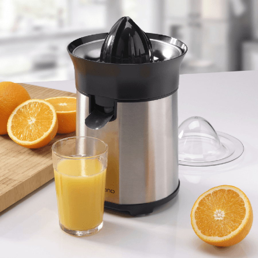 Exprimidor de Aldi. Este exprimidor de Aldi tiene sistema antigoteo y base antideslizante. Cuenta con dos conos exprimidores y carcasa de acero inoxidable.