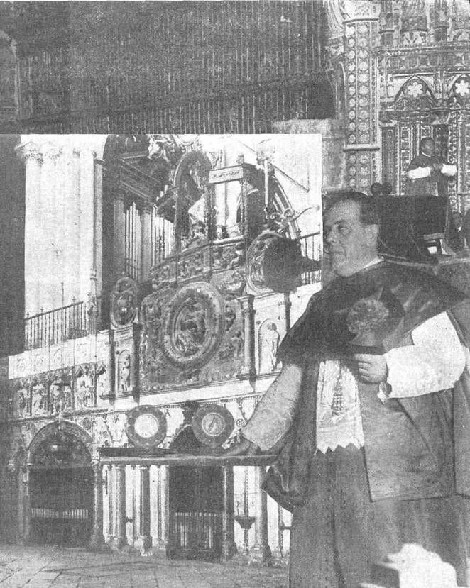 Composición fotográfica de la revista Ondas con el deán de la Catedral de Toledo, José Polo Benito, ante los micrófonos el día de la inauguración del III Congreso Eucarístico, el 20 de octubre de 1926. 