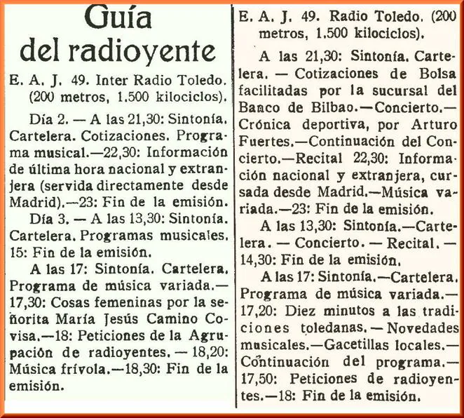 Dos muestras de las guías del radioyente de Radio Toledo. A la izquierda, la del 2 de julio de 1935 ofrecía una colaboración femenina. A la derecha, la del 28 de octubre de 1935 que incluía una crónica deportiva. 