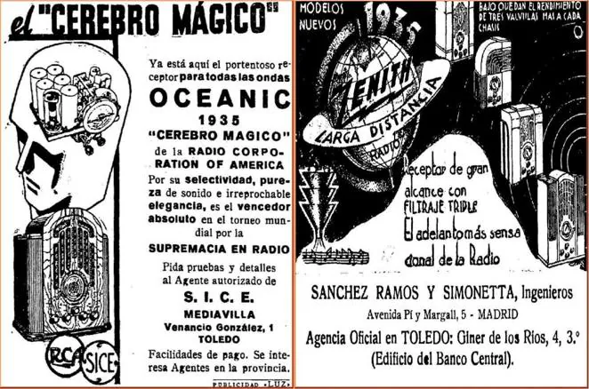 Publicidad de dos concesionarios toledanos de receptores de radio en 1934, ubicados, respectivamente, en las calles de Venancio González y Giner de los Ríos (hoy calle Nueva). 