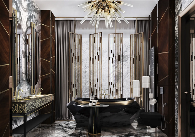 Villa de lujo en San Petersburgo. El baño está diseñado con un lujo deliberado con un tocador doble, la icónica bañera Diamon negra de Maison Valentina y suelos de mármol blanco y negro que se asemejan a la corriente de un río. Los accesorios de latón y dorado completan la estancia.